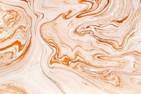 Caramel dynamic and fluid raster texture. Abstract acrylic paints mixt color background. Dyeing, liquid flow surface modern design. Orange and white contrast pigments, watercolor wallpaperの写真素材
