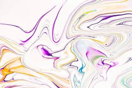 Bright resin art abstract background. Multicolor marble surface, mineral stone texture. Violet, orange and blue paint mix wallpaper. Fluid, color liquid flow effect. Watercolor, acrylic waves, swirlsの写真素材