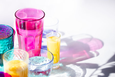 Glass goblets create wonderful coloured shadows on a solar table. The shadow of sunlight reflect to glass of pink and yellow, emerald colorsの写真素材