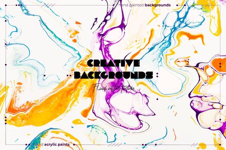 Bright resin art abstract background. Multicolor marble surface, mineral stone texture. Violet, orange and blue paint mix wallpaper. Fluid, color liquid flow effect. Watercolor, acrylic waves, swirlsのイラスト素材