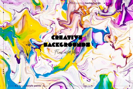 Bright resin art abstract background. Multicolor marble surface, mineral stone texture. Violet, orange and blue paint mix wallpaper. Fluid, color liquid flow effect. Watercolor, acrylic waves, swirlsの写真素材