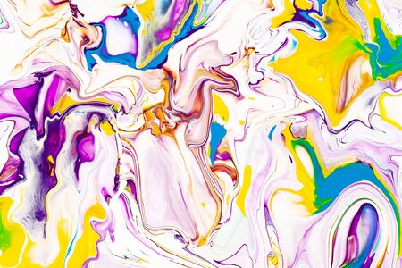 Acrylic paint waves abstract background. Rainbow marble texture. Oil paint liquid flow colorful wallpaper. Creative violet, yellow, blue fluid effect backdrop. Multicolor watercolor, resin art patternの写真素材