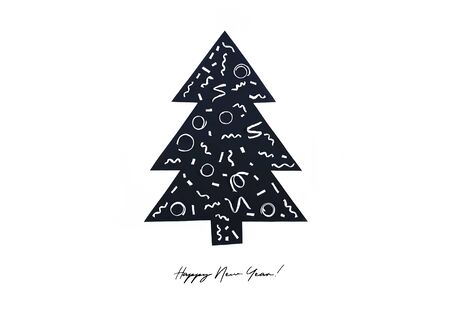 Christmas tree raster illustration with typography. Happy New Year congratulation. Winter holiday festive greeting card template with calligraphy. Xmas tree silhouette with abstract decorationの写真素材