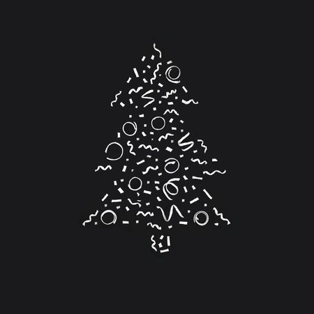 Abstract Christmas tree raster illustration. New Year greeting card design element. Winter holiday festive traditional symbol. Xmas tree white decorations silhouette on black backgroundの写真素材