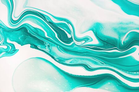 Mint green and white marbling acrylic paint background. Contemporary fluid art raster illustration. Aquarelle colors mixing effect abstract backdrop. Watercolor dynamic creative texture close upの写真素材