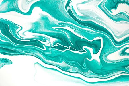 Mint green and white marbling acrylic paint background. Contemporary fluid art raster illustration. Aquarelle colors mixing effect abstract backdrop. Watercolor dynamic creative texture close upの写真素材