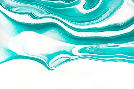 Mint green and white marbling acrylic paint background. Contemporary fluid art raster illustration. Aquarelle colors mixing effect abstract backdrop. Watercolor dynamic creative texture close upの写真素材