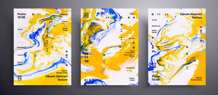 Abstract liquid banner, fluid art vector texture collection. Trendy background that applicable for design cover, invitation, flyer and etc. Yellow, blue and white universal trendy painting backdropのイラスト素材