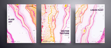 Abstract vector banner, texture pack of fluid art covers. Trendy background that can be used for design cover, invitation, flyer and etc. Yellow, pink and white unusual creative surface templateの写真素材