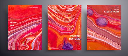 Abstract liquid placard, fluid art vector texture set. Beautiful background that applicable for design cover, poster, brochure and etc. Red, orange, pink and white creative iridescent artworkのイラスト素材