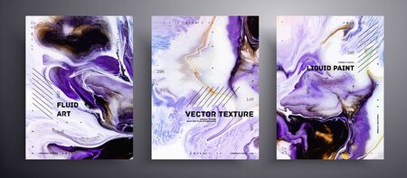 Abstract vector poster, set of modern design fluid art covers. Beautiful background that can be used for design cover, invitation, presentation and etc. Purple, white and golden painting backdropのイラスト素材