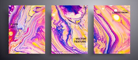 Abstract liquid poster, fluid art vector texture pack. Trendy background that applicable for design cover, invitation, presentation and etc. Purple, yellow, pink, blue and white creative templateのイラスト素材