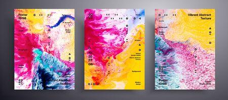 Abstract vector poster, set of modern design fluid art covers. Beautiful background that can be used for design cover, invitation, flyer and etc. Yellow, pink, blue and white trendy painting backdropのイラスト素材