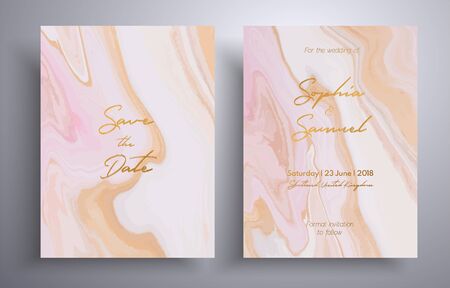 Wedding invitation pattern with waves and swirl. Vector cards with marble design. Elegant template with space for your text. Pink, beige and white overflowing colorsのイラスト素材