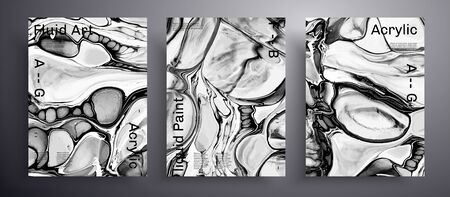 Abstract liquid placard, fluid art vector texture pack. Trendy background that can be used for design cover, invitation, presentation and etc. Grey, black and white creative iridescent artworkのイラスト素材