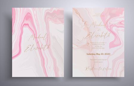 Wedding invitation pattern with waves and swirl. Vector cards with marble design. Elegant template with space for your text. Pink, beige and white overflowing colorsのイラスト素材