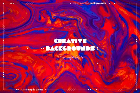 Fluid art texture. Abstract vector background with mixing paint effect. Liquid acrylic picture with chaotic mixed paints. Can be used for posters or wallpapers. Red, blue and orange overflowing colorsの写真素材