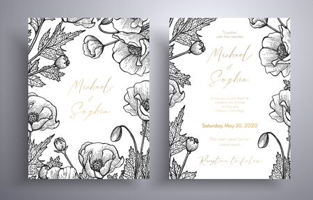Golden invitation with frame of leaves and flowers. Botanical template with space for your text. Beautiful cards that can be used for design cover, invitation, greeting cards, brochure and etcの写真素材