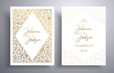 Golden invitation with frame of leaves and flowers. Botanical template with space for your text. Beautiful cards that can be used for design cover, invitation, greeting cards, brochure and etcの写真素材