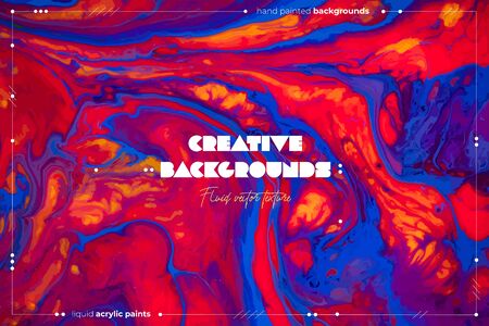Fluid art texture. Abstract vector backdrop with mixing paint effect. Liquid acrylic picture with chaotic mixed paints. Can be used for posters or wallpapers. Red, blue and orange overflowing colorsのイラスト素材