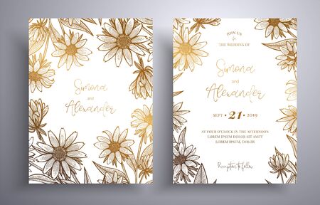 Golden invitation with frame of leaves and flowers. Botanical template with space for your text. Beautiful cards that can be used for design cover, invitation, greeting cards, brochure and etcのイラスト素材