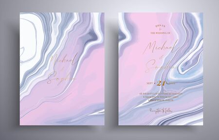 Vector wedding invitation with marble pattern. Pink, blue and white overflowing colors. Beautiful cards that can be used for design cover, invitation, greeting cards, brochure and etcのイラスト素材