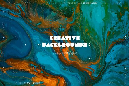 Fluid art texture. Abstract background with iridescent paint effect. Liquid acrylic artwork with colorful mixed paints. Can be used for background or poster. Blue, green and golden overflowing colorsの写真素材