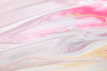 Fluid art texture. Abstract backdrop with mixing paint effect. Liquid acrylic artwork with trendy mixed paints. Can be used for website background. Lavender, pink and white overflowing colorsの写真素材