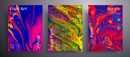 Abstract vector banner, texture pack of fluid art covers. Trendy background that can be used for design cover, invitation, presentation and etc. Blue, pink, red and yellow creative iridescent artworkのイラスト素材