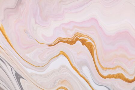 Fluid art texture. Abstract backdrop with mixing paint effect. Liquid acrylic picture with beautiful mixed paints. Can be used for interior poster. Lavender, golden and white overflowing colorsの写真素材