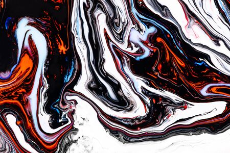 Fluid art texture. Background with abstract iridescent paint effect. Liquid acrylic picture that flows and splashes. Mixed paints for posters or wallpapers. Orange, black and blue overflowing colorsの写真素材