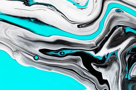 Fluid art texture. Backdrop with abstract swirling paint effect. Liquid acrylic artwork with flows and splashes. Mixed paints for banner or wallpaper. Black, white and aquamarine overflowing colorsの写真素材
