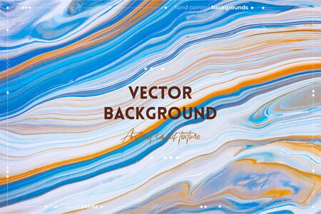 Fluid art texture. Background with abstract swirling paint effect. Liquid acrylic picture with flows and splashes. Mixed paints for baner or wallpaper. Blue, orange and white overflowing colorsのイラスト素材