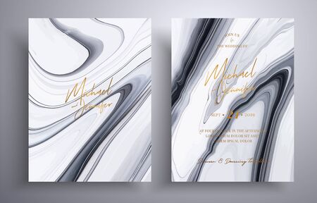 Vector wedding invitation with marble pattern. Golden, black and white overflowing colors. Beautiful cards that can be used for design cover, invitation, greeting cards, brochure and etcのイラスト素材