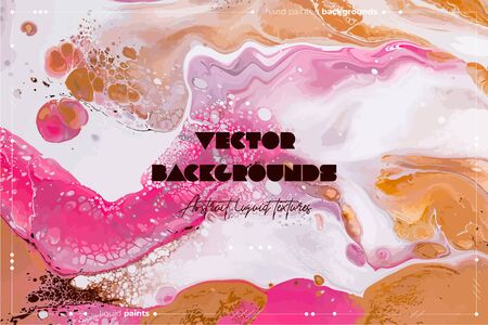 Fluid art texture. Background with abstract swirling paint effect. Liquid acrylic artwork with flows and splashes. Mixed paints for baner or wallpaper. Orange, pink and white overflowing colorsのイラスト素材