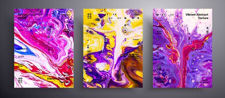Abstract acrylic placard, fluid art vector texture collection. Trendy background that can be used for design cover, poster, brochure and etc. Violet, yellow and pink unusual creative surface templateの写真素材