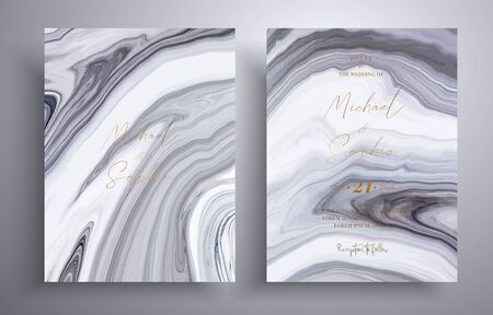 Vector wedding invitation with marble pattern. Golden, black and white overflowing colors. Beautiful cards that can be used for design cover, invitation, greeting cards, brochure and etcの写真素材
