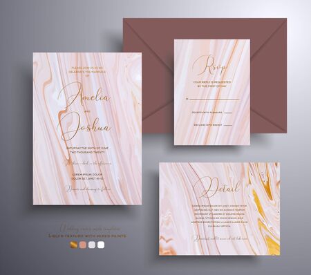 Beautiful set of wedding invitations with stone texture. Agate vector covers with marble effect and place for text, golden, brown and beige colors. Designed for greeting cards, packaging and etcのイラスト素材