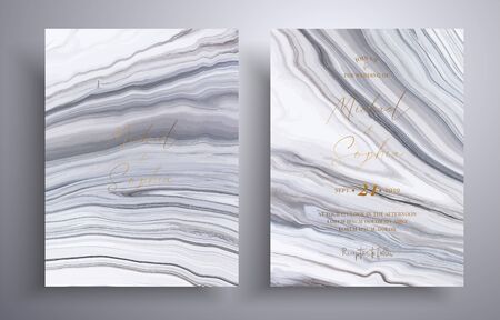 Vector wedding invitation with marble pattern. Golden, black and white overflowing colors. Beautiful cards that can be used for design cover, invitation, greeting cards, brochure and etcのイラスト素材