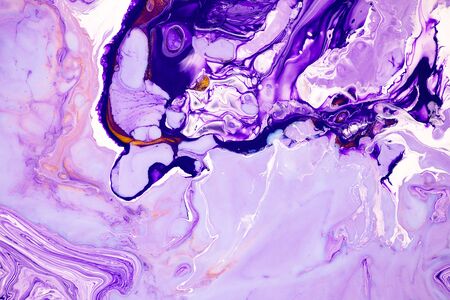 Fluid art texture. Abstract background with swirling paint effect. Liquid acrylic picture with beautiful mixed paints. Can be used for interior poster. Purple, lavender and golden overflowing colorsの写真素材