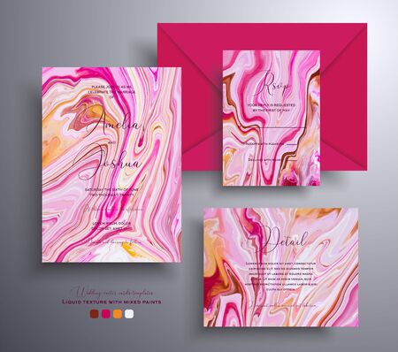 Modern set of wedding invitations with stone pattern. Agate vector cards with marble effect and swirling paints, red, yellow and brown colors. Designed for greeting cards, brochures and etcのイラスト素材