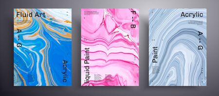 Abstract liquid banner, fluid art vector texture pack.Trendy background that applicable for design cover, invitation, presentation and etc. Blue, pink and gray unusual creative surface templateのイラスト素材