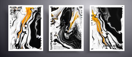 Abstract acrylic banner, fluid art vector texture set. Beautiful background that can be used for design cover, invitation, flyer and etc. Golden, black and white universal trendy painting backdropのイラスト素材