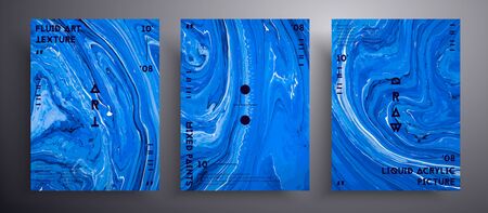 Abstract acrylic banner, fluid art vector texture set. Artistic background that applicable for design cover, poster, brochure and etc. Blue and white universal trendy painting backdropのイラスト素材