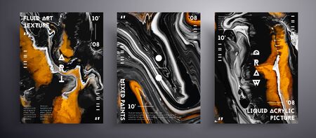 Abstract liquid placard, fluid art vector texture collection. Artistic background that can be used for design cover, poster, brochure and etc. Golden, gray and black creative iridescent artworkのイラスト素材