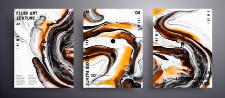 Abstract liquid poster, fluid art vector texture pack. Trendy background that applicable for design cover, poster, brochure and etc. Golden, brown and white creative iridescent artworkのイラスト素材
