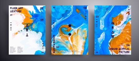 Abstract acrylic poster, fluid art vector texture set. Trendy background that can be used for design cover, poster, brochure and etc. Blue, white and orange universal trendy painting backdropのイラスト素材