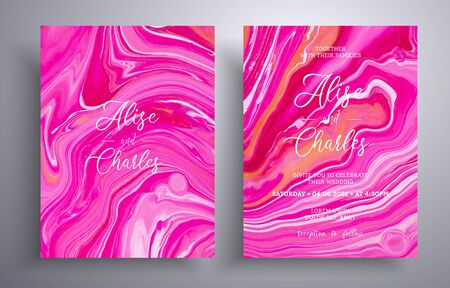 Modern set of wedding invitations with stone texture. Agate vector cards with marble effect and swirling paints, ruby, pink and golden colors. Designed for posters, packaging and etcのイラスト素材