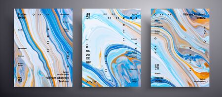 Abstract liquid placard, fluid art vector texture set. Beautiful background that can be used for design cover, invitation, flyer and etc. Blue, white and golden creative iridescent artworkのイラスト素材