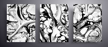 Abstract acrylic banner, fluid art vector texture pack. Artistic background that applicable for design cover, poster, brochure and etc. Black and white universal trendy painting backdropのイラスト素材